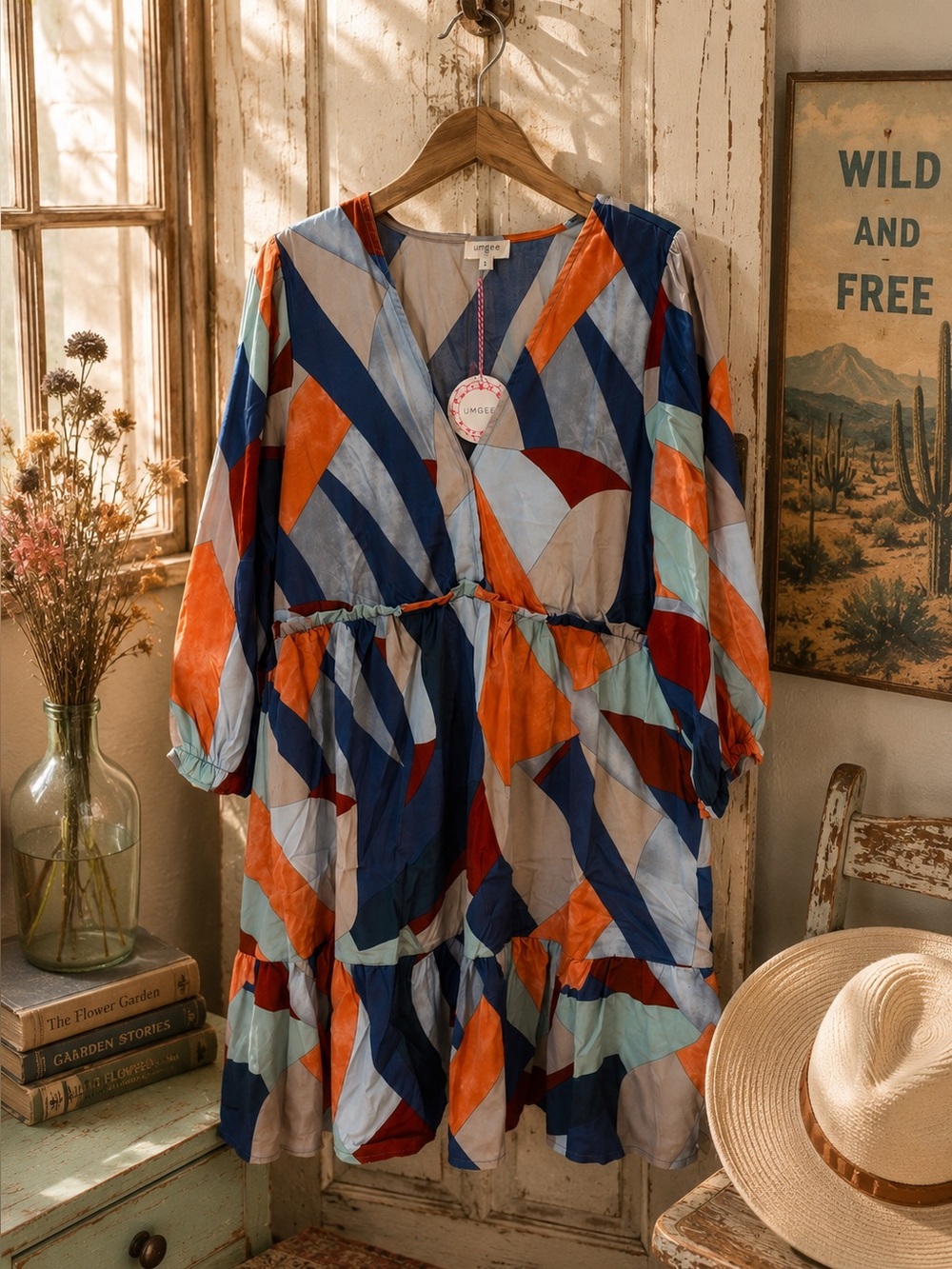NWT Umgee Blue & Orange Abstract Print Dress Sz L